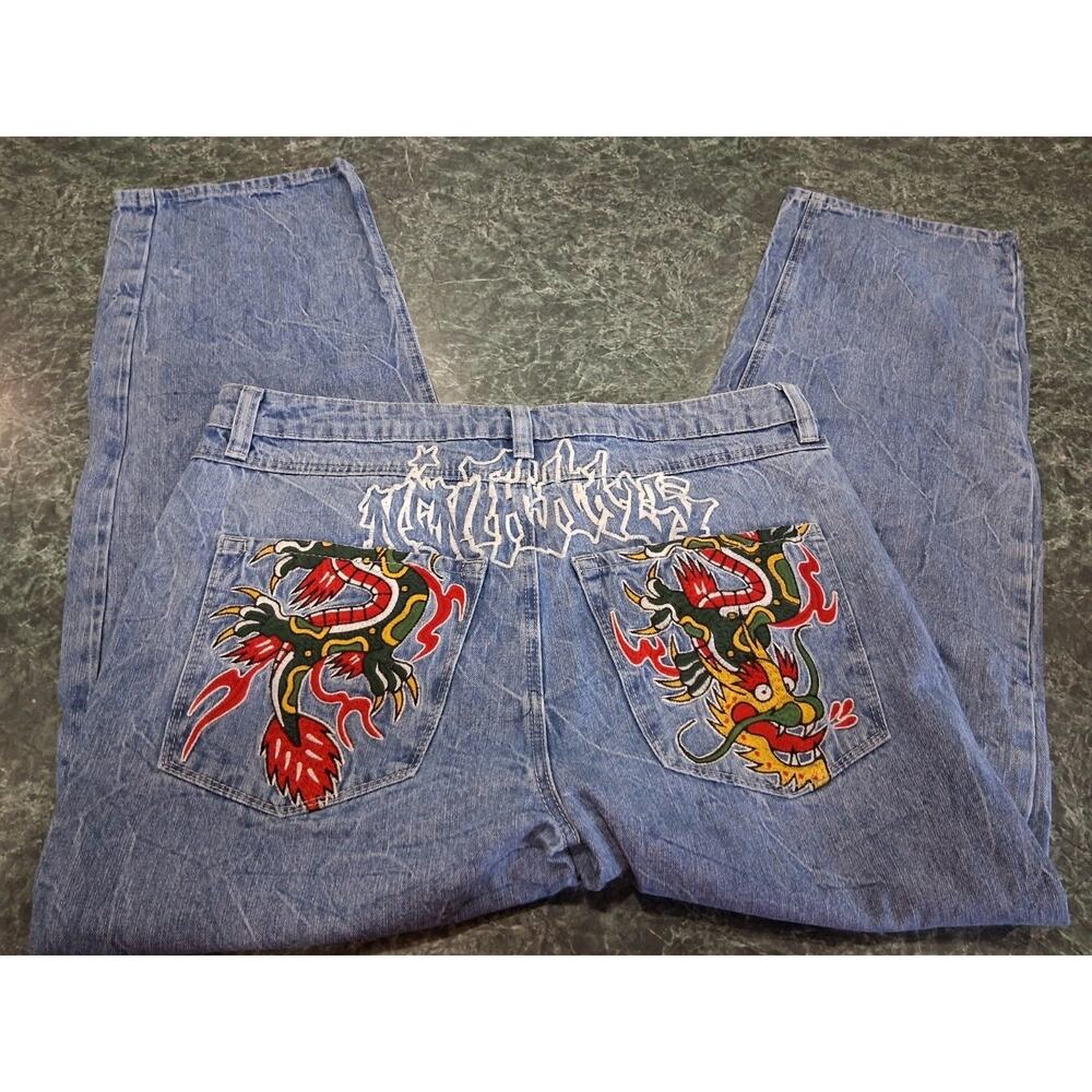 NINTH HALL AMBUSH DENIM JEANS BAGGY SZ 34 EMBROIDERED Dragon Skater Y2K Retro